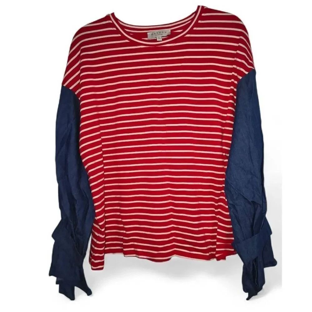 Hayden Los Angeles red White striped top featuring contrasting denim sleeves wit